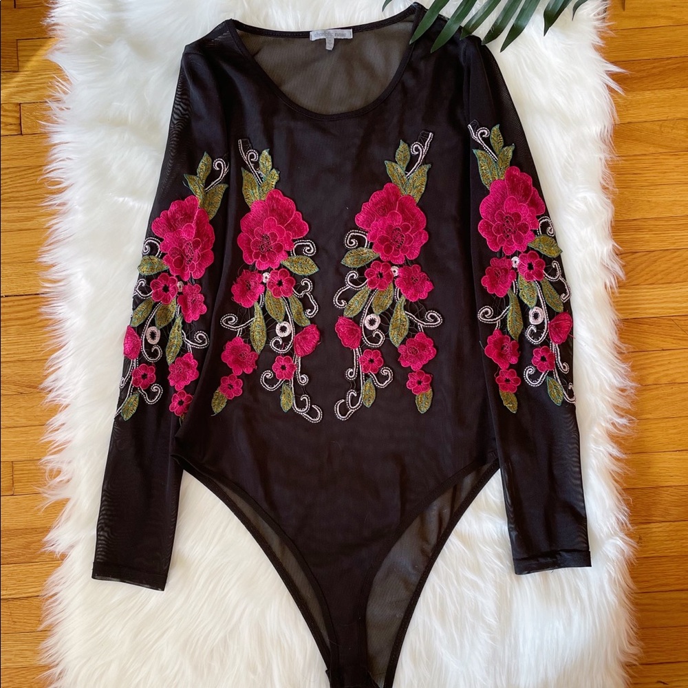 Black Mesh Long Sleeve Embroidered Rose Bodysuit